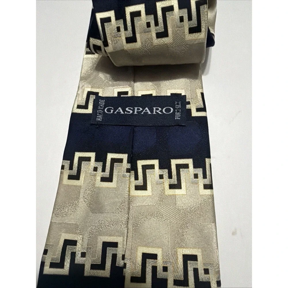 Gasparo Mens Silk Tie Navy Blue Silver Geometric Greek Key Handmade Necktie